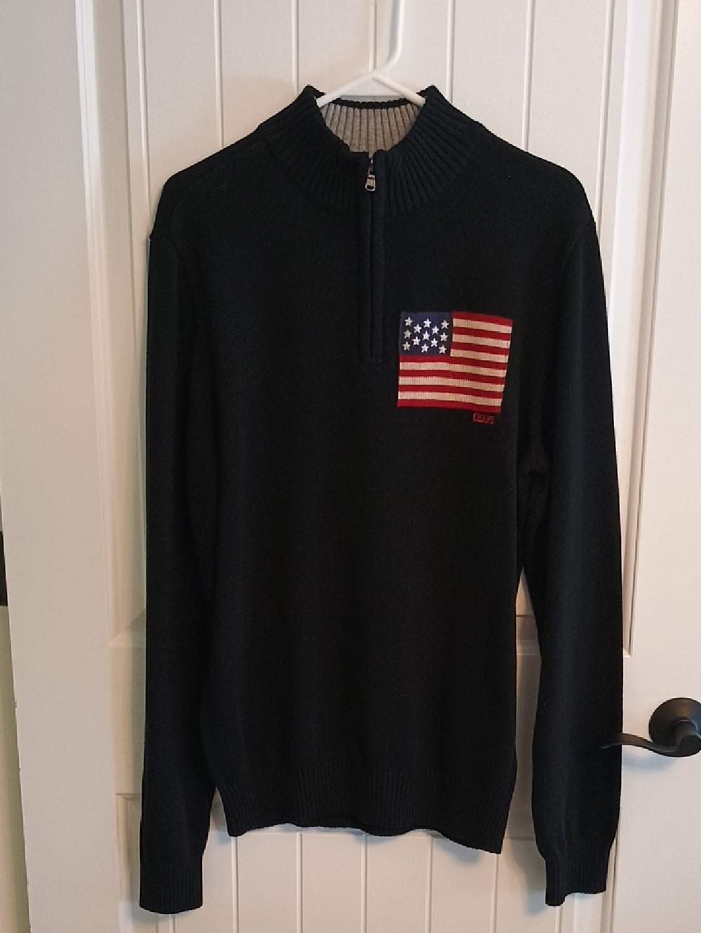 NWT Mens Chaps Medium Black  Partial Zip-Up Sweater W/ Embroidered American Flag